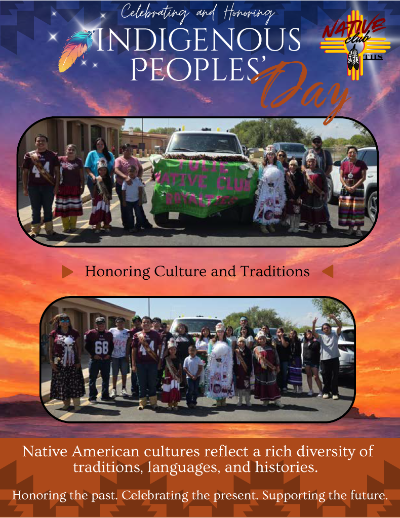 A poster with a sunset background shows two photos of Indigenous people in traditional clothing. One image shows a police vehicle decorated for Indigenous Peoples’ Day.