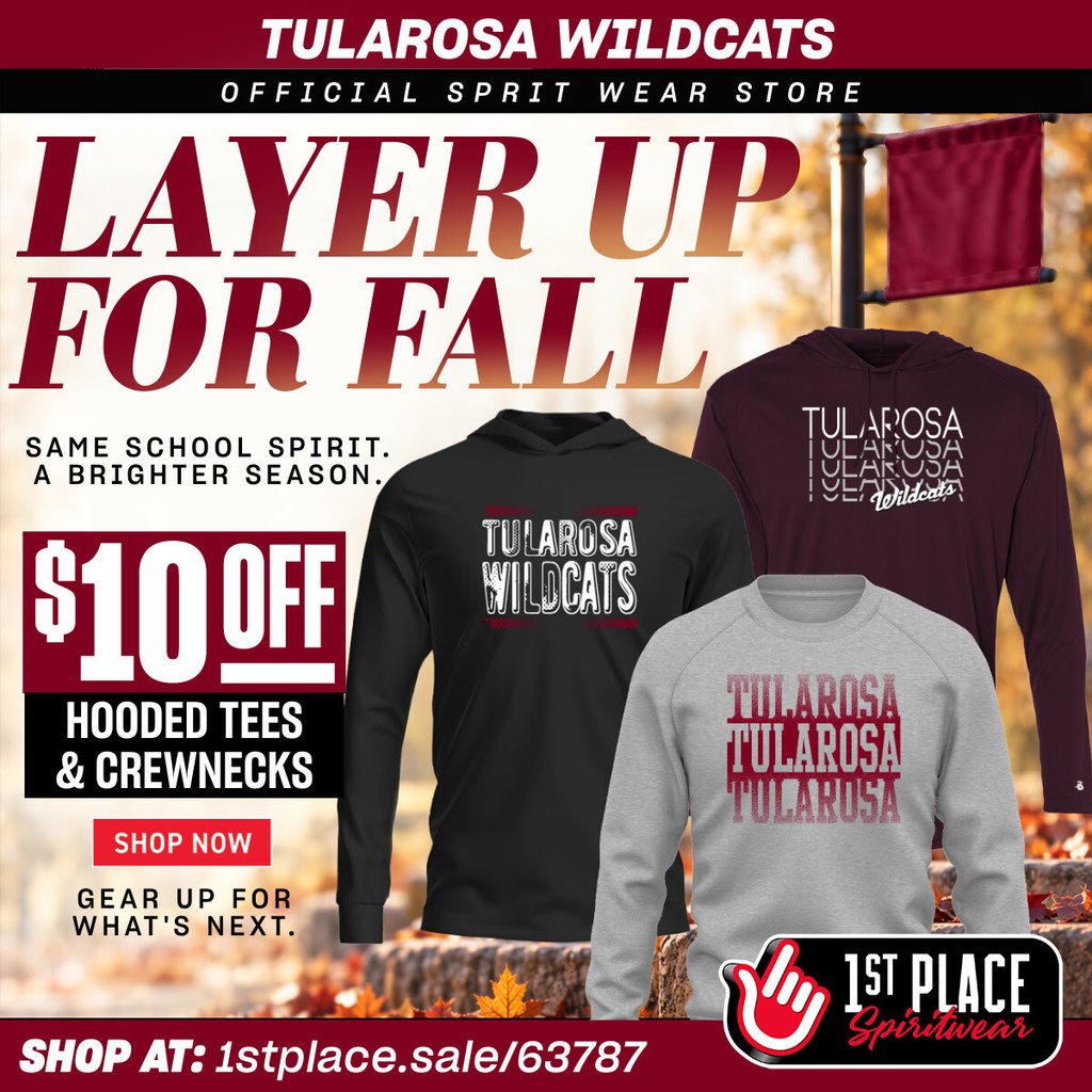Ad for fall apparel. Three shirts, maroon, black, and gray. A red flag. "Layer up for fall." 10% off.