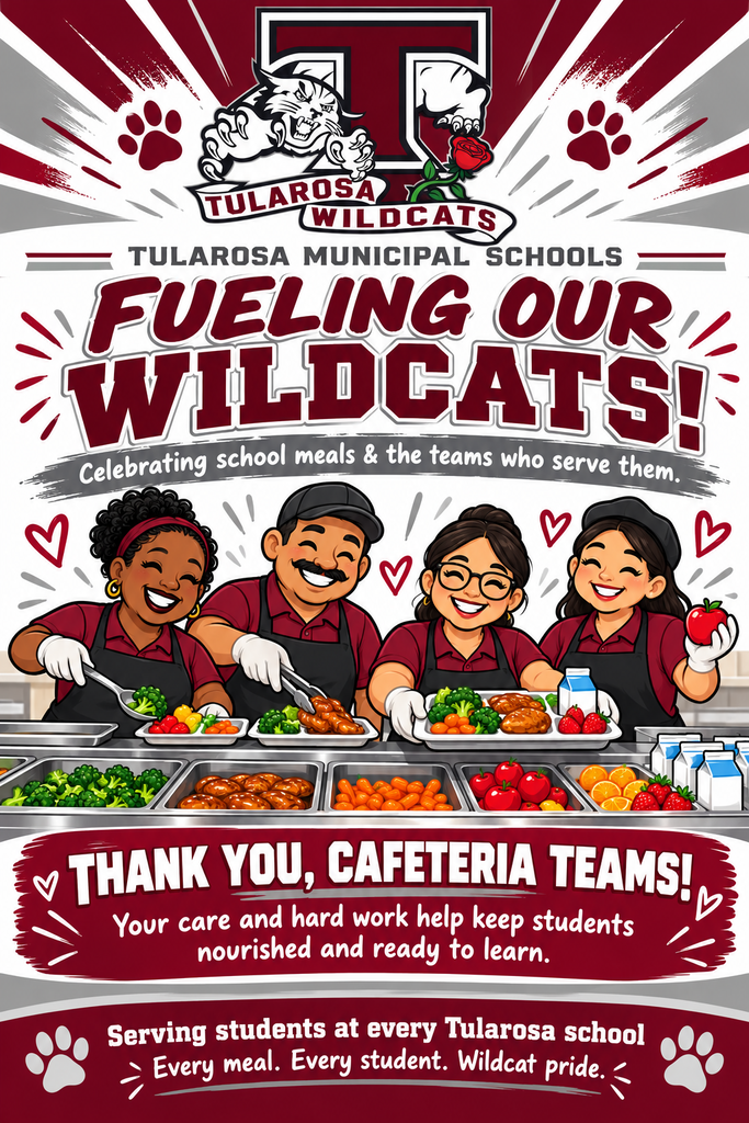 Advertisement for Tularesa Municipal Schools with a diverse group of cafeteria staff serving food, emphasizing the importance of school meals.