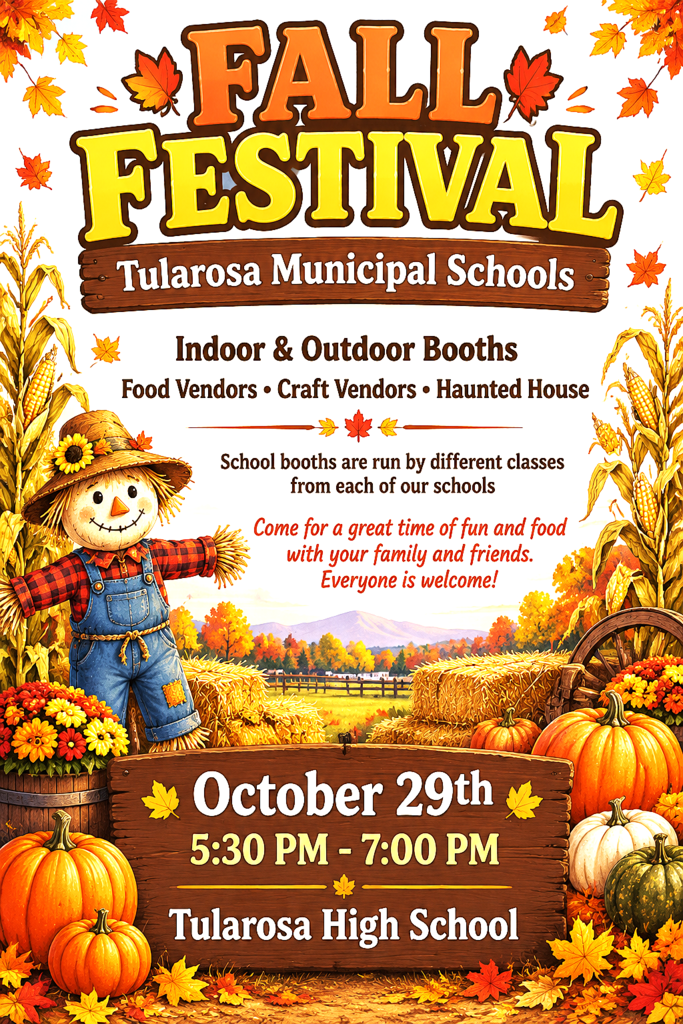 Event poster for Fall Festival on October 29. Pumpkins, hay, and flowers in front. Straw scarecrow wearing hat and overalls.