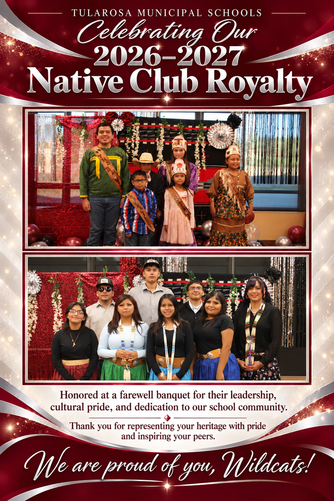 Two photos of students wearing traditional Native attire stand before a window. The top image is brighter with a red background.