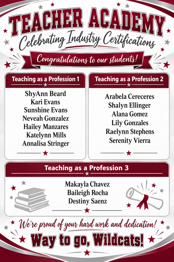 Poster with red and white background lists students' names, achievements, and school mascot. Titles include "Teaching as a Profession" with three levels.