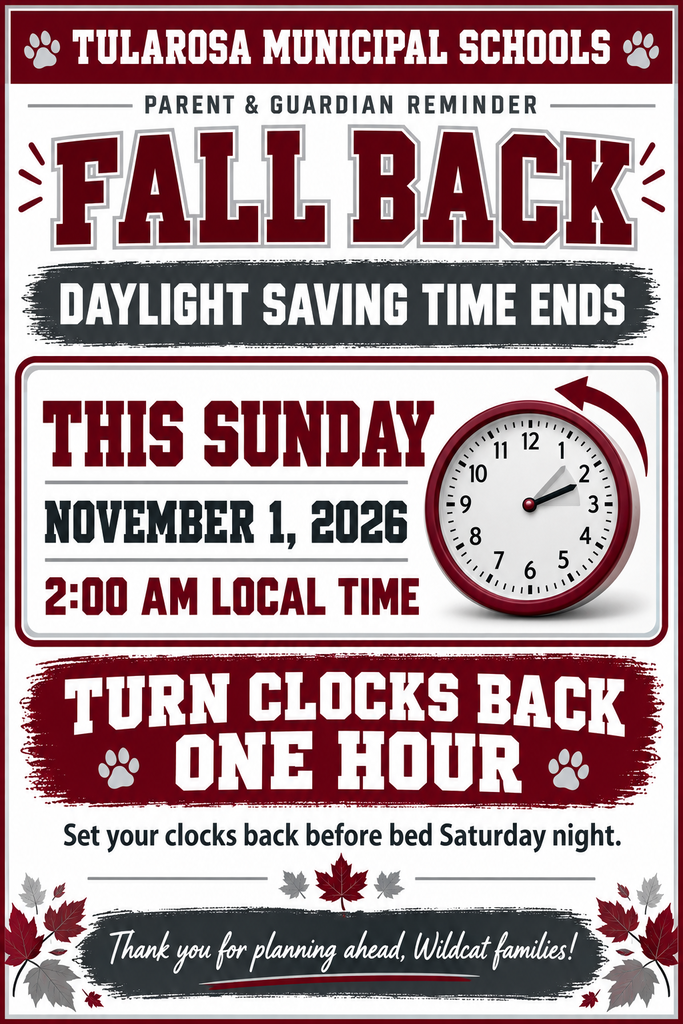 Poster with red and white background. A paw print and maple leaf on both sides. Centered, an analog clock set at 2:00 am.