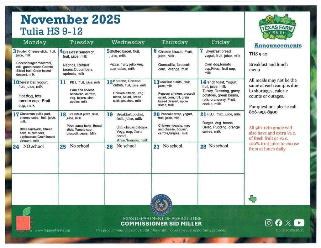 November Cafeteria Menus 9-12