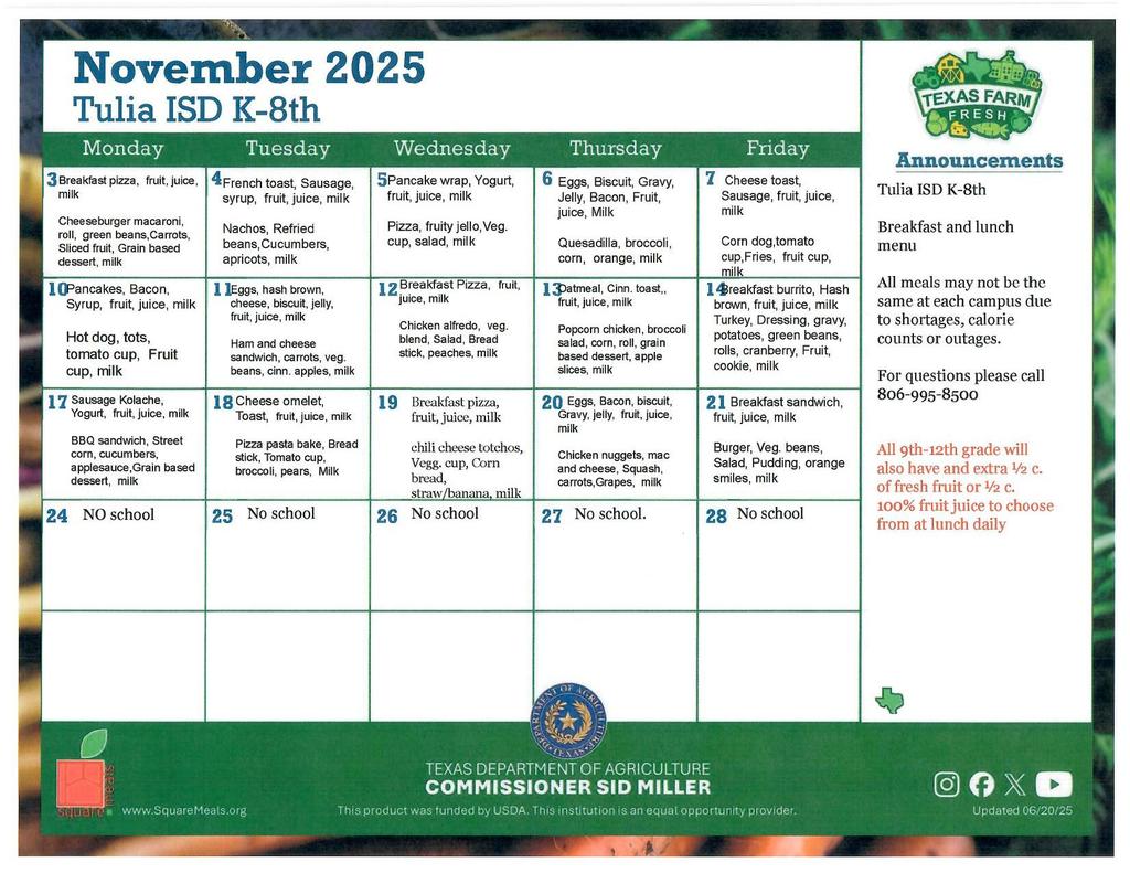 November Cafeteria Menus K-8