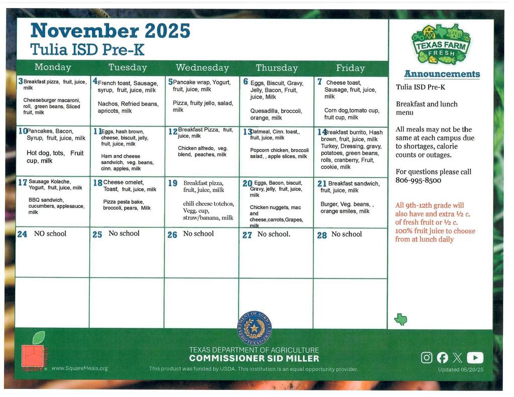 November Cafeteria Menus Pre K