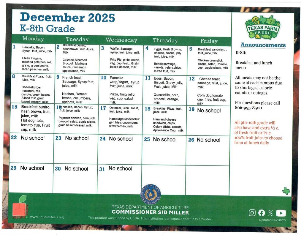 December Cafeteria Menus K-8
