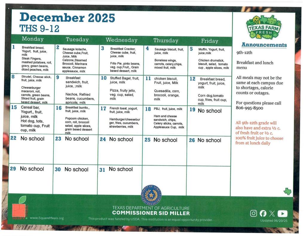 December Cafeteria Menus 9-12