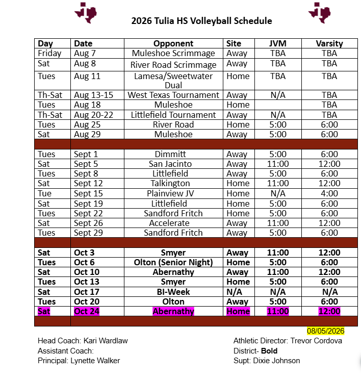 Volleyball Schedule 2026