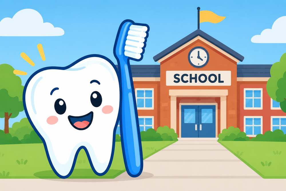 Cartoon illustration of a smiling tooth and blue toothbrush in front of a school building on a sunny day.