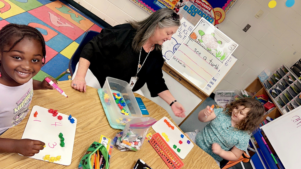 adult, variety of colors and shape of bears, squares, and different objects used for counting, students, desk, classroom