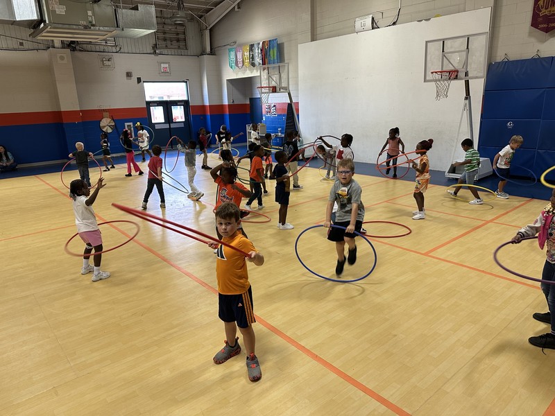 gym, hula hoops, students