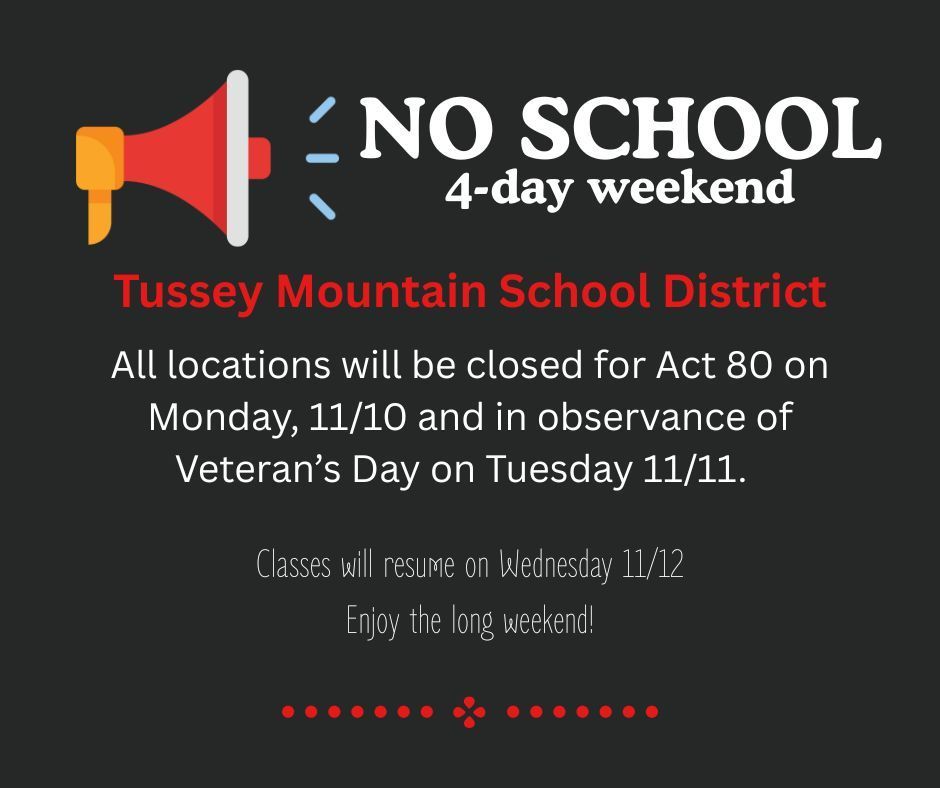 TMSD will be closed on Monday and Tuesday, November 10 and 11. Classes resume on Wednesday, November 12.