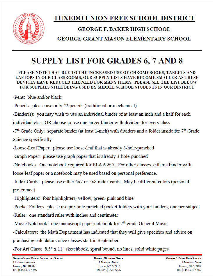Middle School Supply List 2025-2026