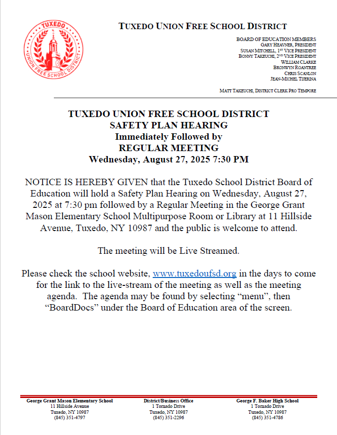BOE Safety Plan Hearing and Regular Meeting Notice 8/27/2025