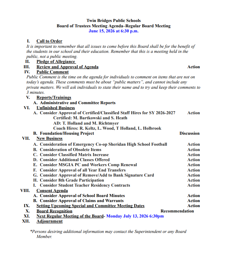 Twin Bridges School Board Agenda 15 June 2026
