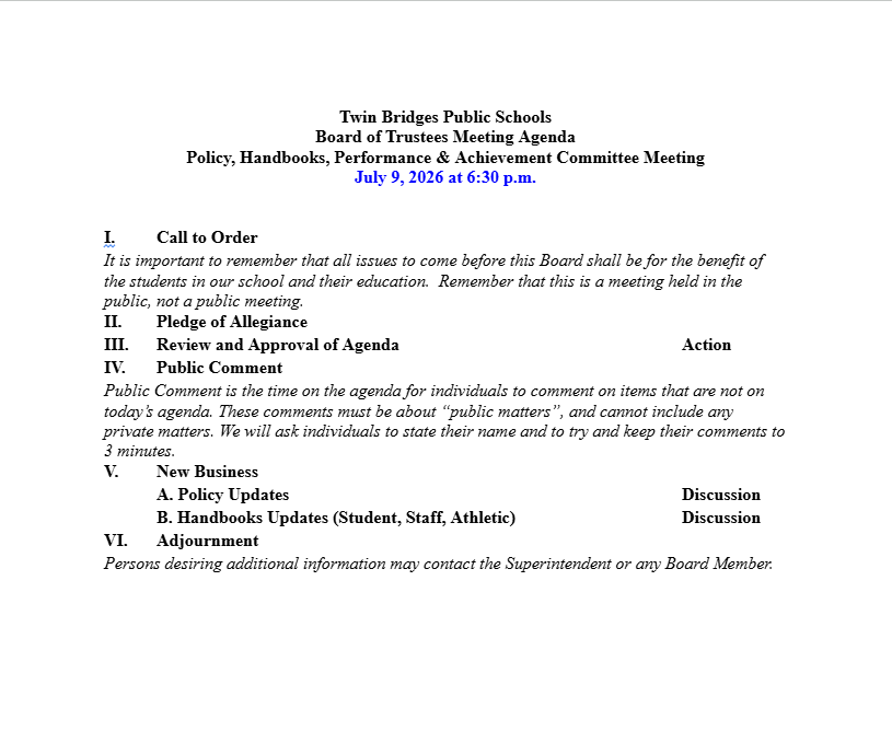 Twin Bridges Schools Policies & Handbooks Committee Workshop Agenda