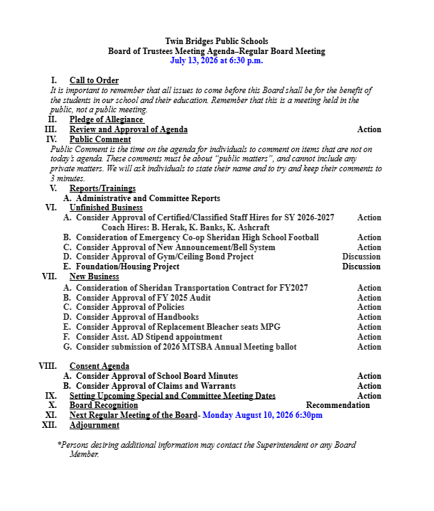 Twin Bridges School District July 13, 2026, Board Meeting Agenda