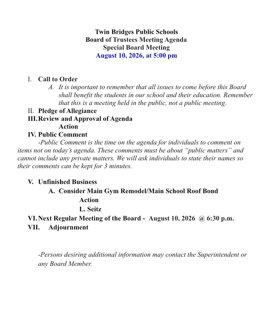 August 10, 2026, Special Board Meeting Agenda