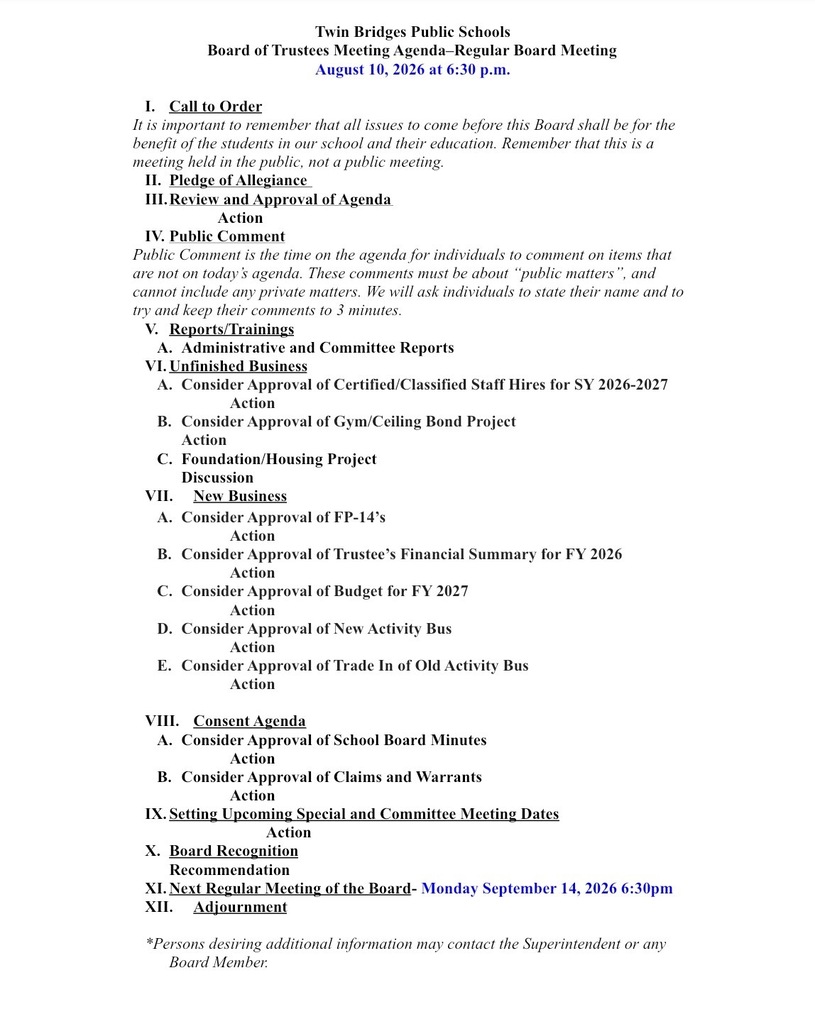 August 10, 2026, Regular Board Meeting Agenda