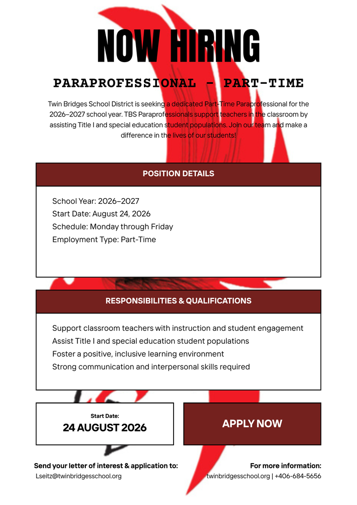 Part-Time Para Position Open at Twin Bridges Schools