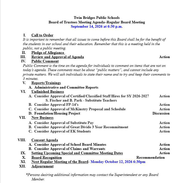 September 14, 2026 Regular School Board Agenda