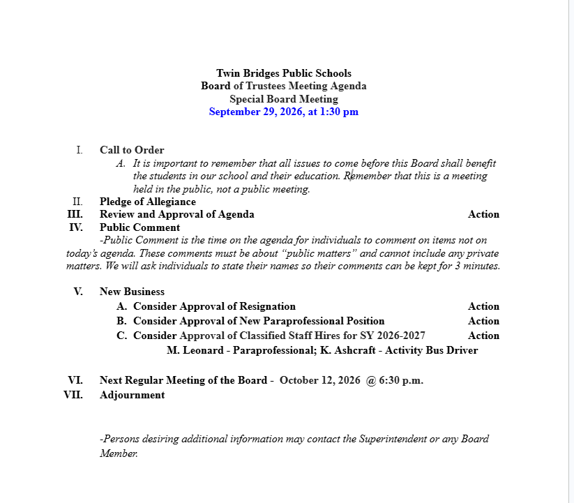 Special Board Meeting Agenda