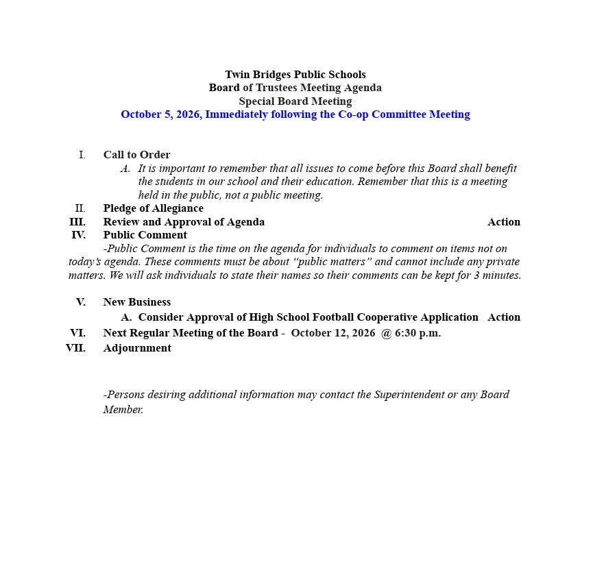 Twin Bridges School District Special Board Meeting Agenda