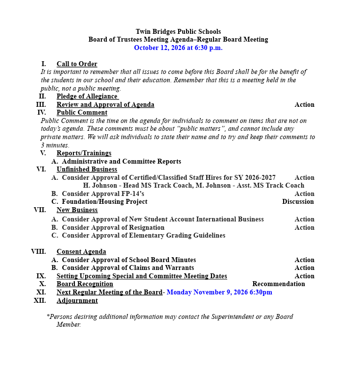 Twin Bridges School District October Board Meeting Agenda