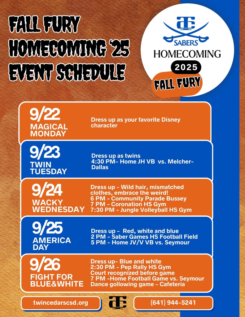 Homecoming is the week of September 22nd. Go Sabers!