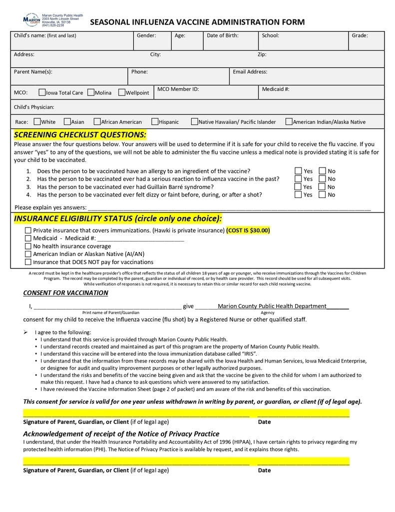 Flu shot form