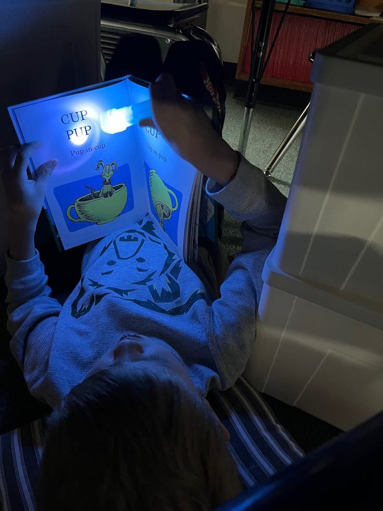 Harrison student reading with a flashlight