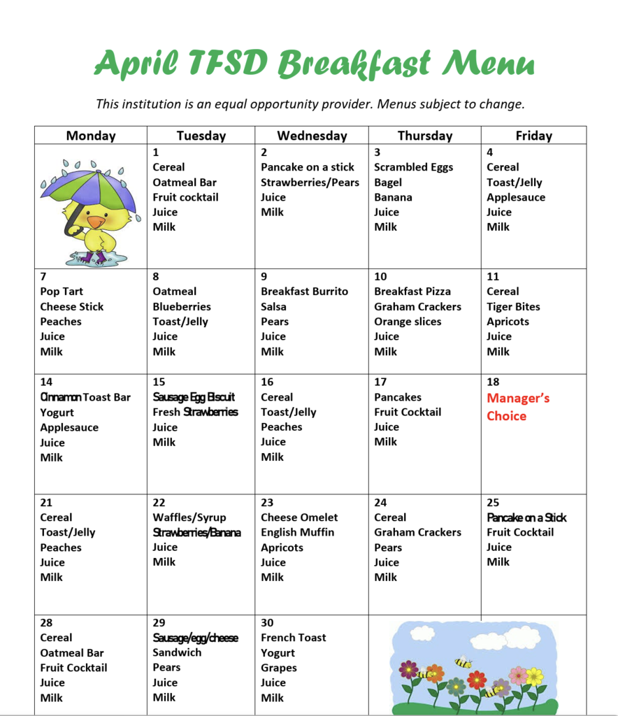 breakfast menus with lots of meals listed