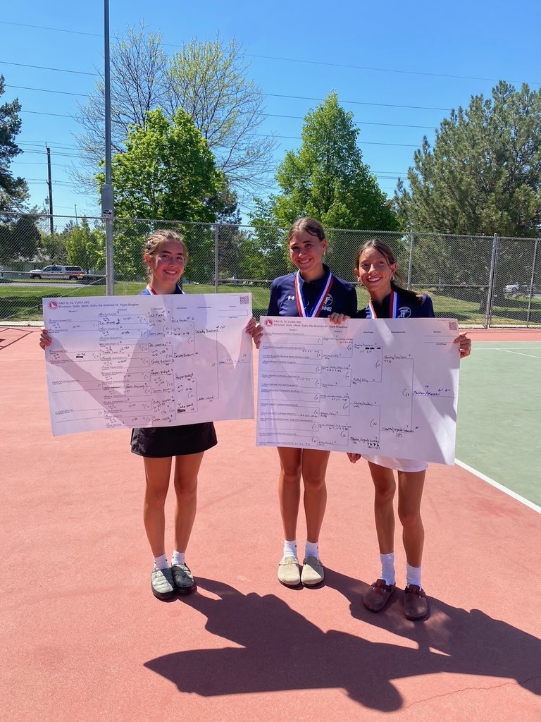 TFHS Girls Tennis Players holding up the scores.