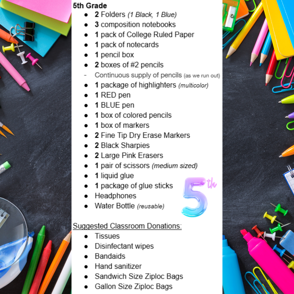 Fifth Grade Supply List