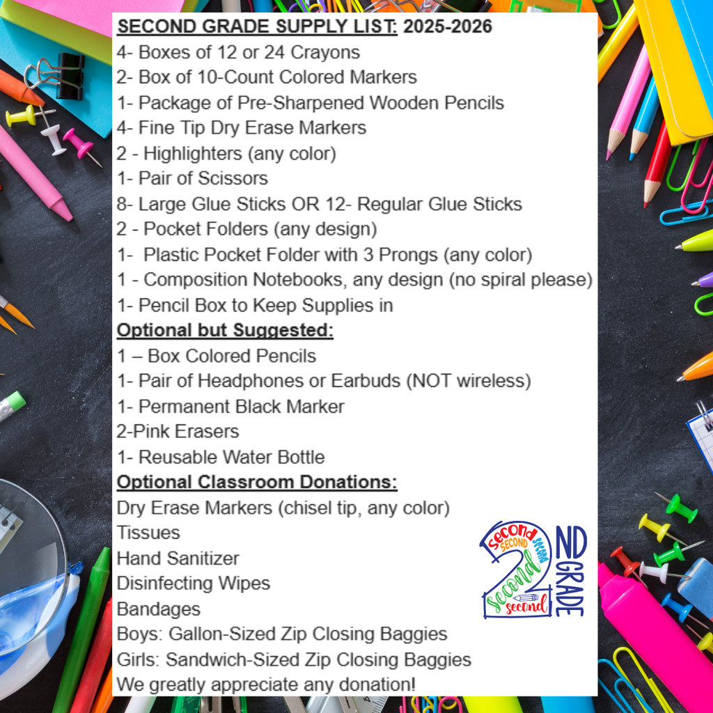 Second Grade Supply List