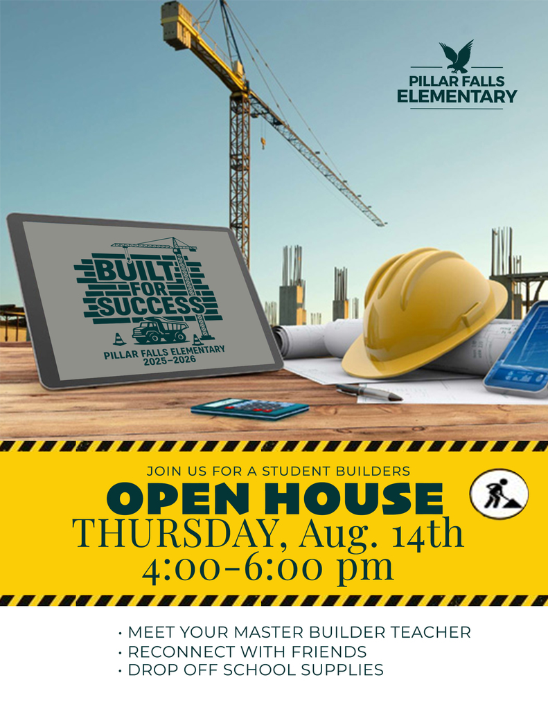 construction hat, crane, and information about an Open House for students and families