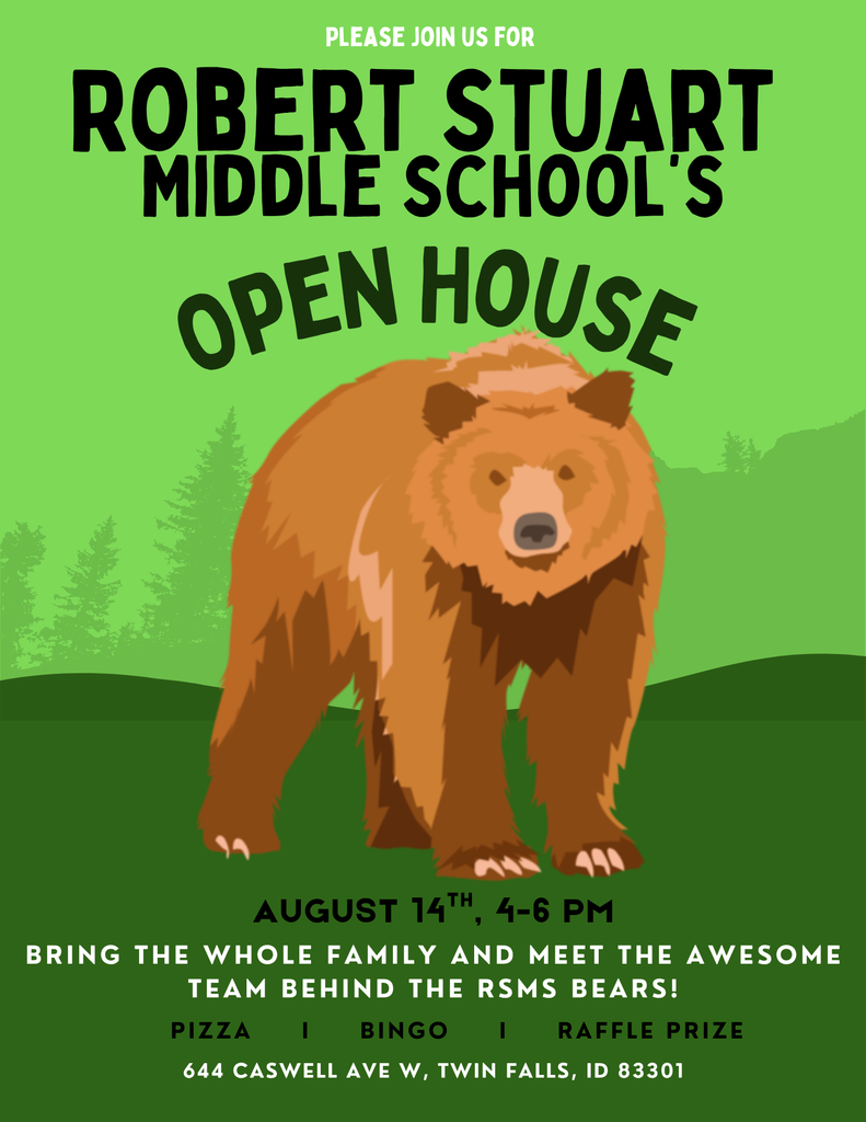 A green flyer with a bear on it adverting the school’s open house on Thursday, August 14 from  4:00-6:00