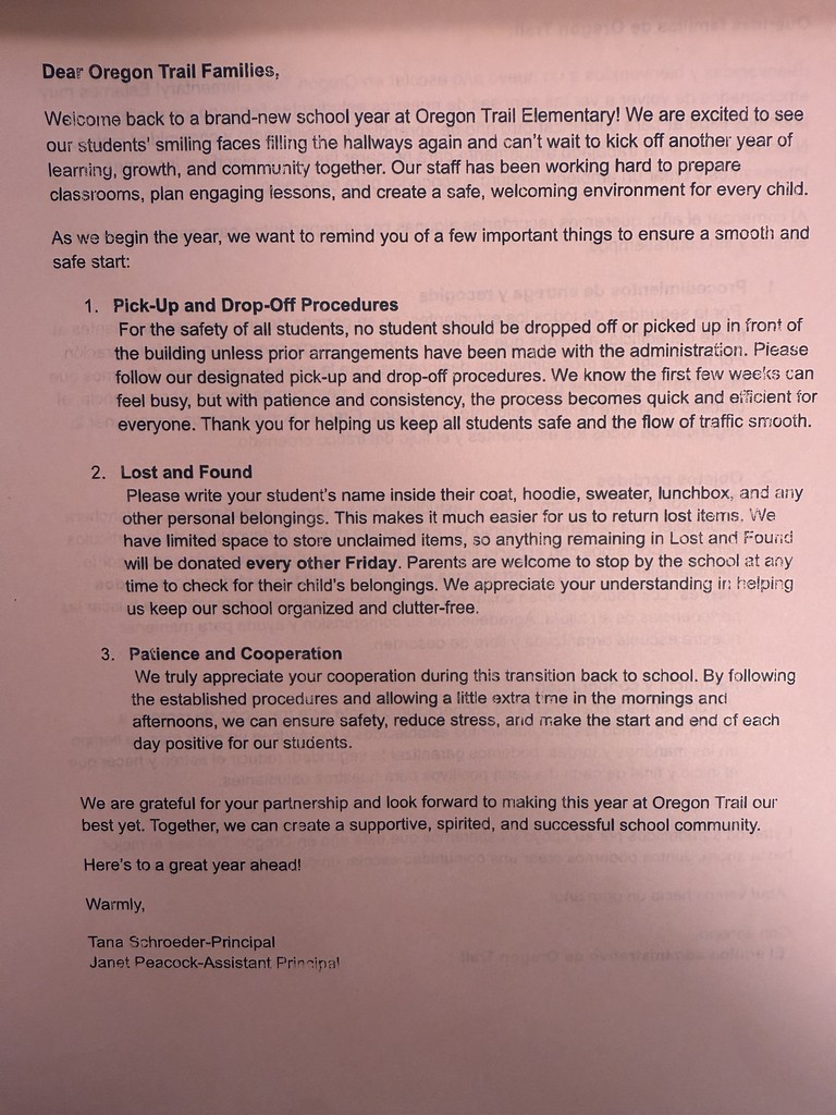Letter Home to Families about Procedures