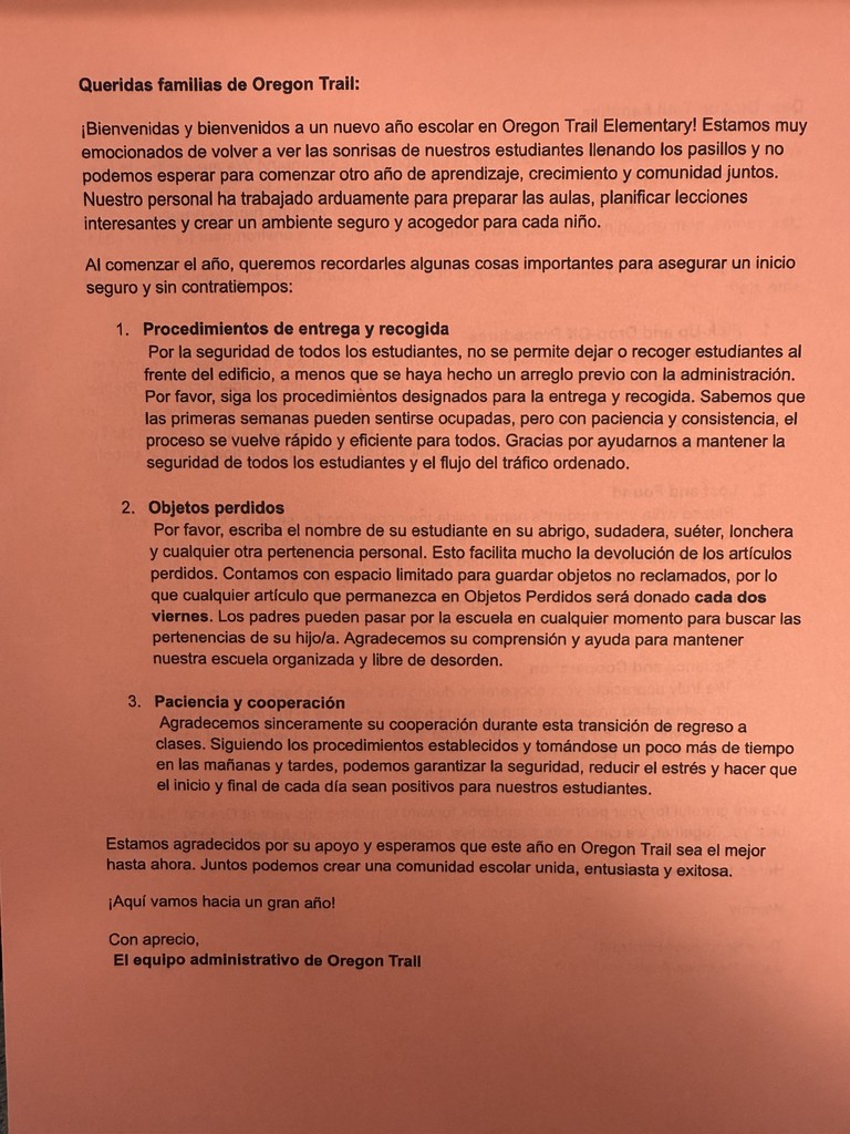 Letter Home to Families about Procedures