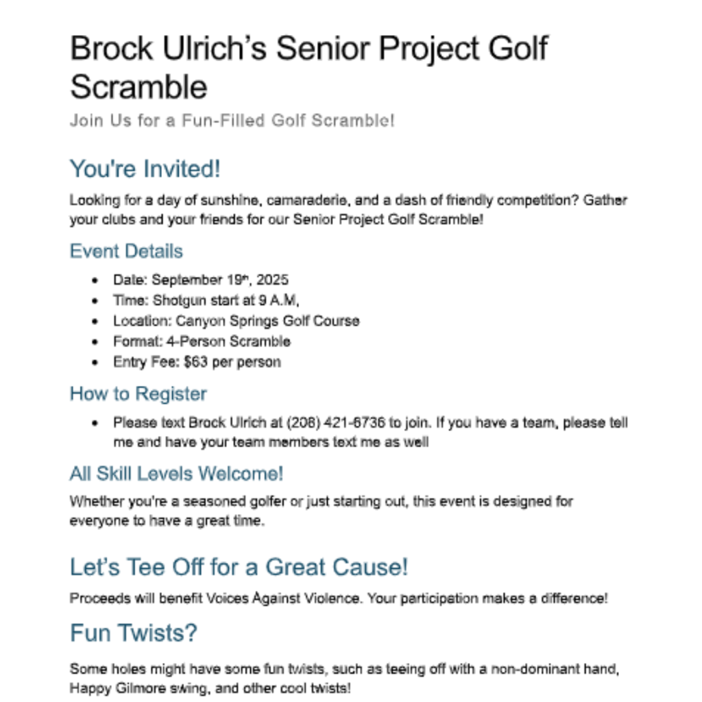 Brock Ulrich's Senior Project Golf Scramble