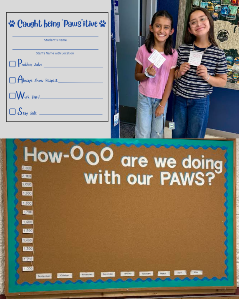 Picture with student, bulletin board, and Caught Being Pawsitive Ticket