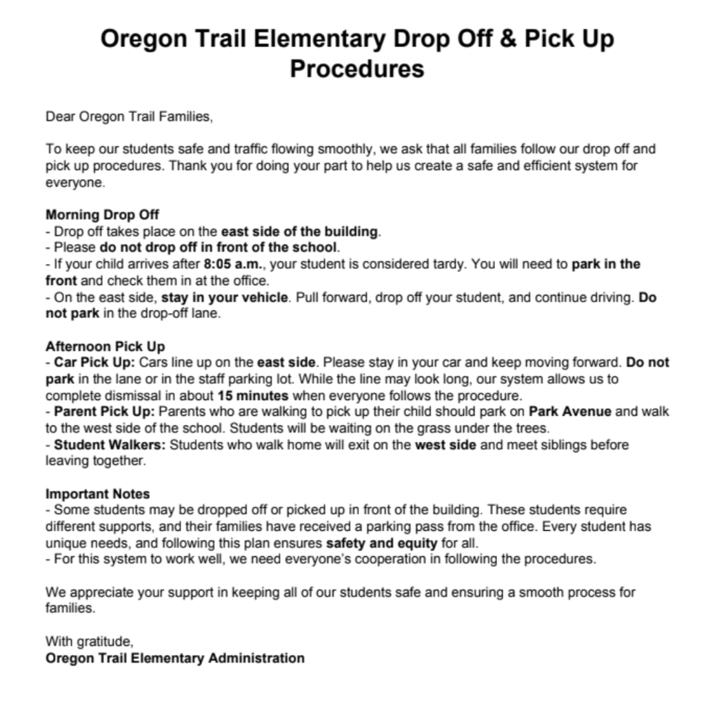 Drop Off Directions in English