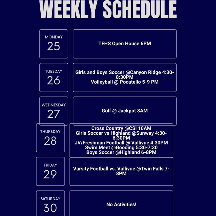 Weekly schedule for TFHS week of 8/25