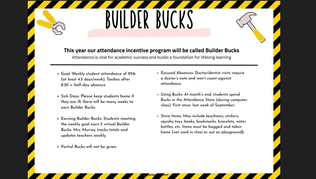 Hammer, wrench, construction tape and text explaining the attendance program 