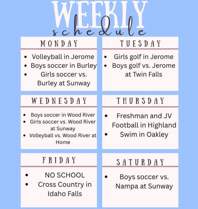 TFHS schedule for week of September 8th-12th