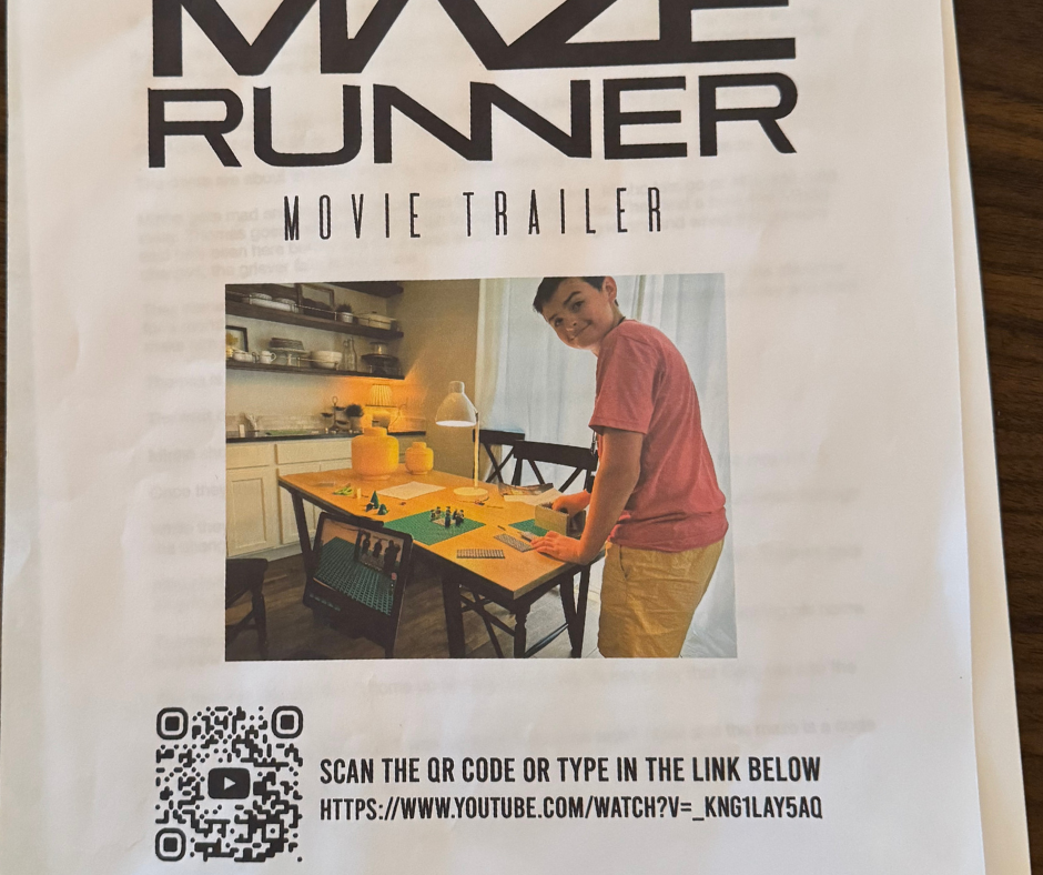 A flyer that reads Maze Runner with a picture of a student standing at a table.