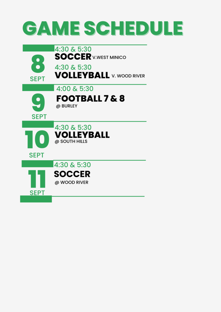 a white and green flyer with the weekly game schedule