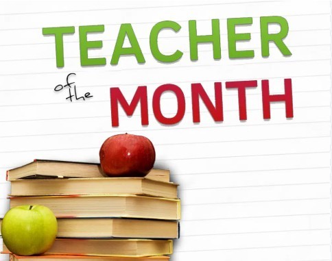 books and an apple with teacher of the month written above it