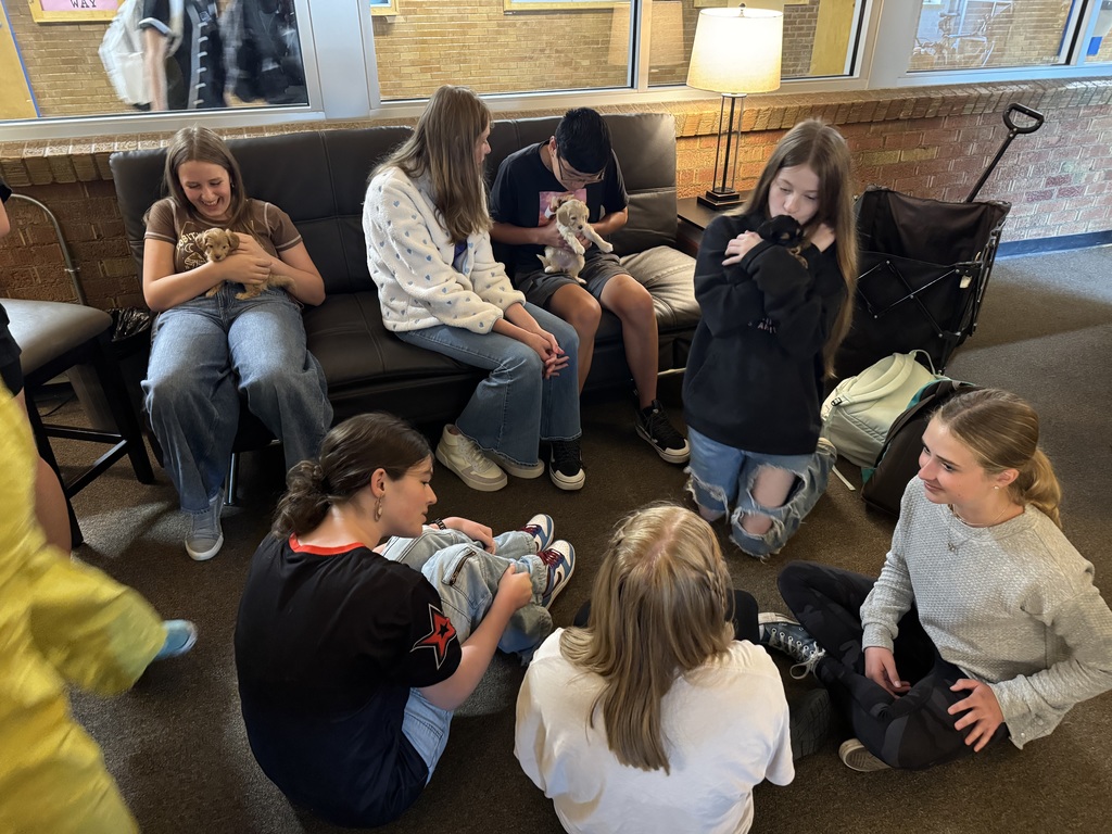 Students gather together on the floor to pass around puppies